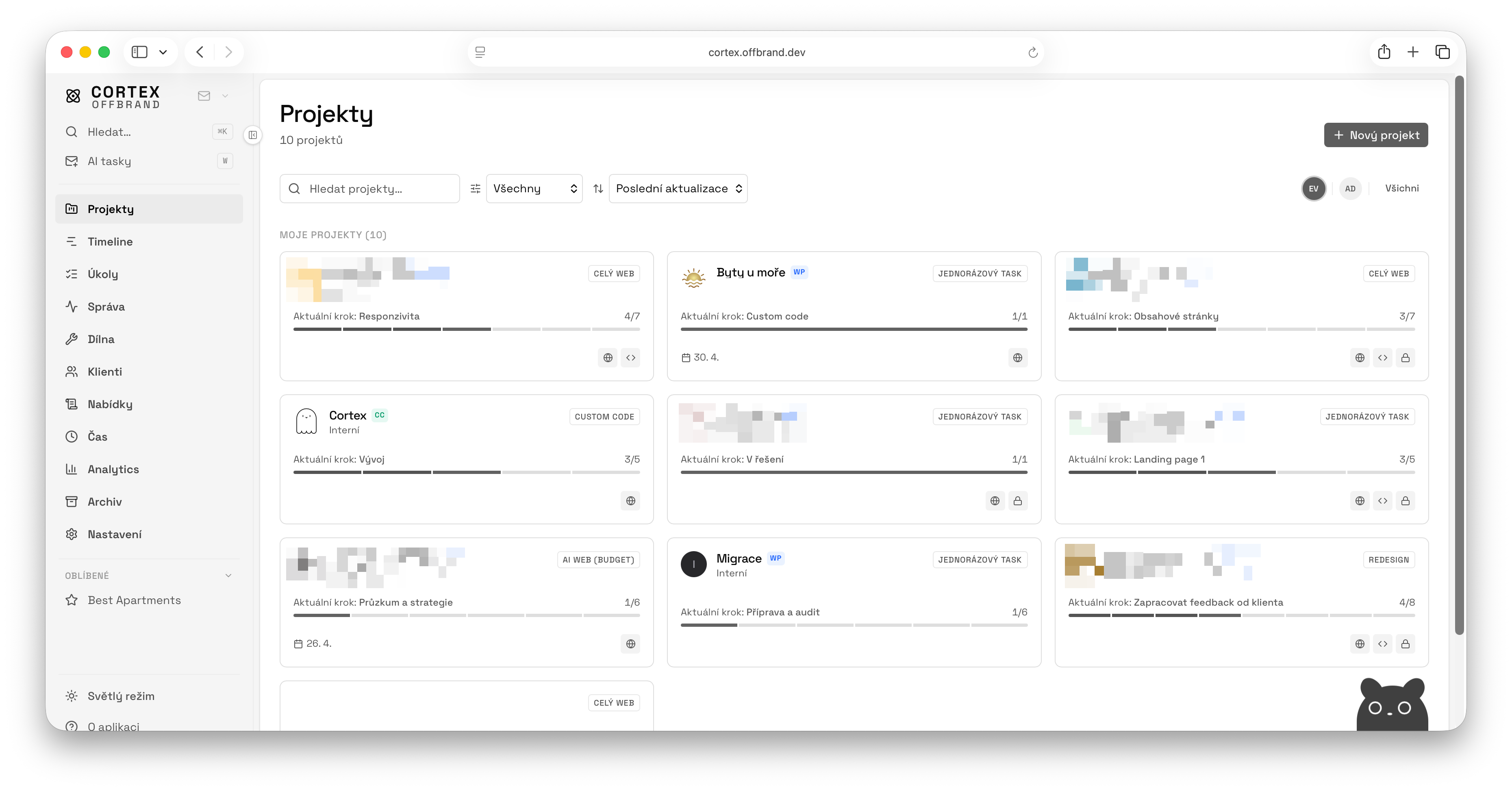 Cortex — projects overview with phases and progress bars